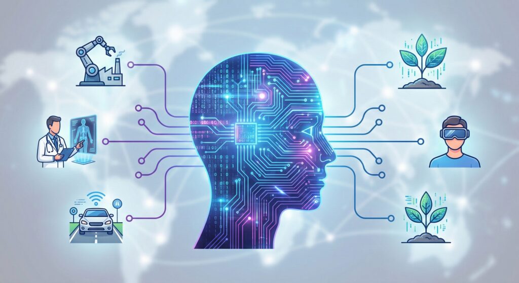 Conceptual illustration of a digital human head with circuit patterns connected to icons of AI applications in healthcare, agriculture, transportation, and virtual reality against a global network background.