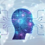 Conceptual illustration of a digital human head with circuit patterns connected to icons of AI applications in healthcare, agriculture, transportation, and virtual reality against a global network background.