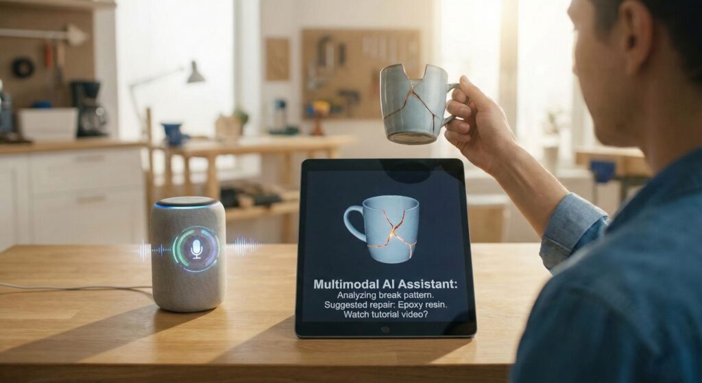 A person holds a broken mug while a multimodal AI assistant on a tablet analyzes it visually and provides repair instructions through a smart speaker.
