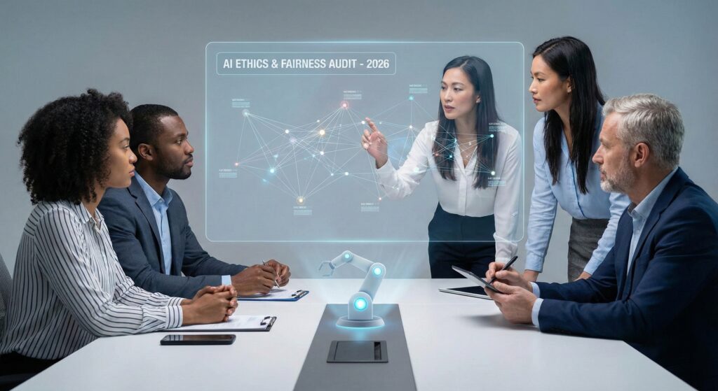 A diverse team of professionals in a meeting room collaborating on an "AI Ethics & Fairness Audit," with a robotic arm present on the table.
