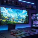 A high-end PC gaming setup with a large curved monitor displaying a fantasy game, a custom liquid-cooled PC, and posters for "Fable" and "GTA" on the wall, representing the latest gaming news.