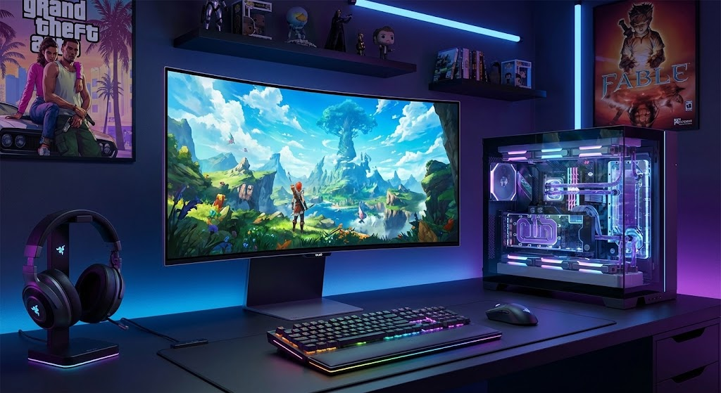 A high-end PC gaming setup with a large curved monitor displaying a fantasy game, a custom liquid-cooled PC, and posters for "Fable" and "GTA" on the wall, representing the latest gaming news.