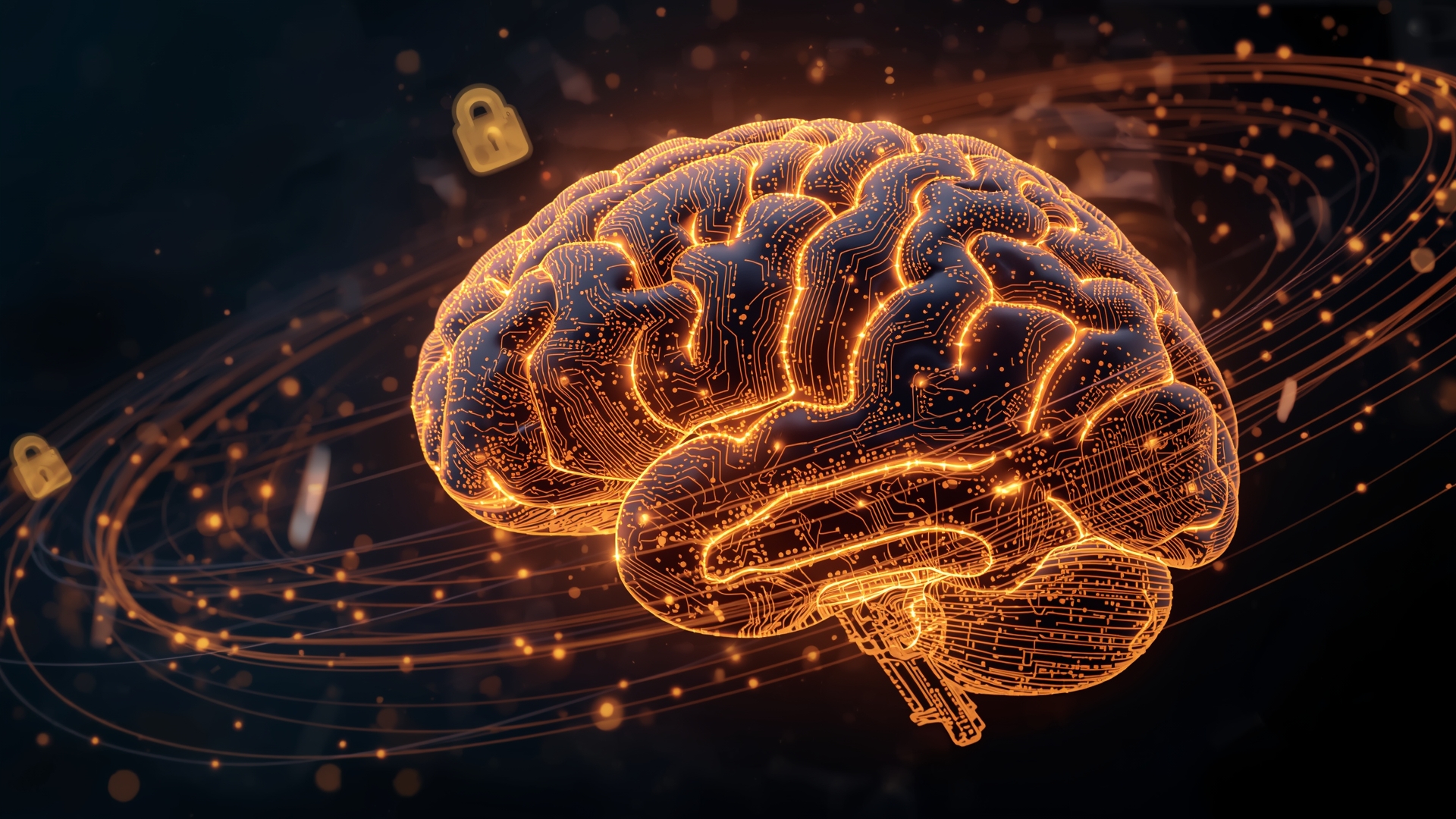 An AI brain made of circuits, illustrating the power of AI in Cybersecurity to protect digital assets.