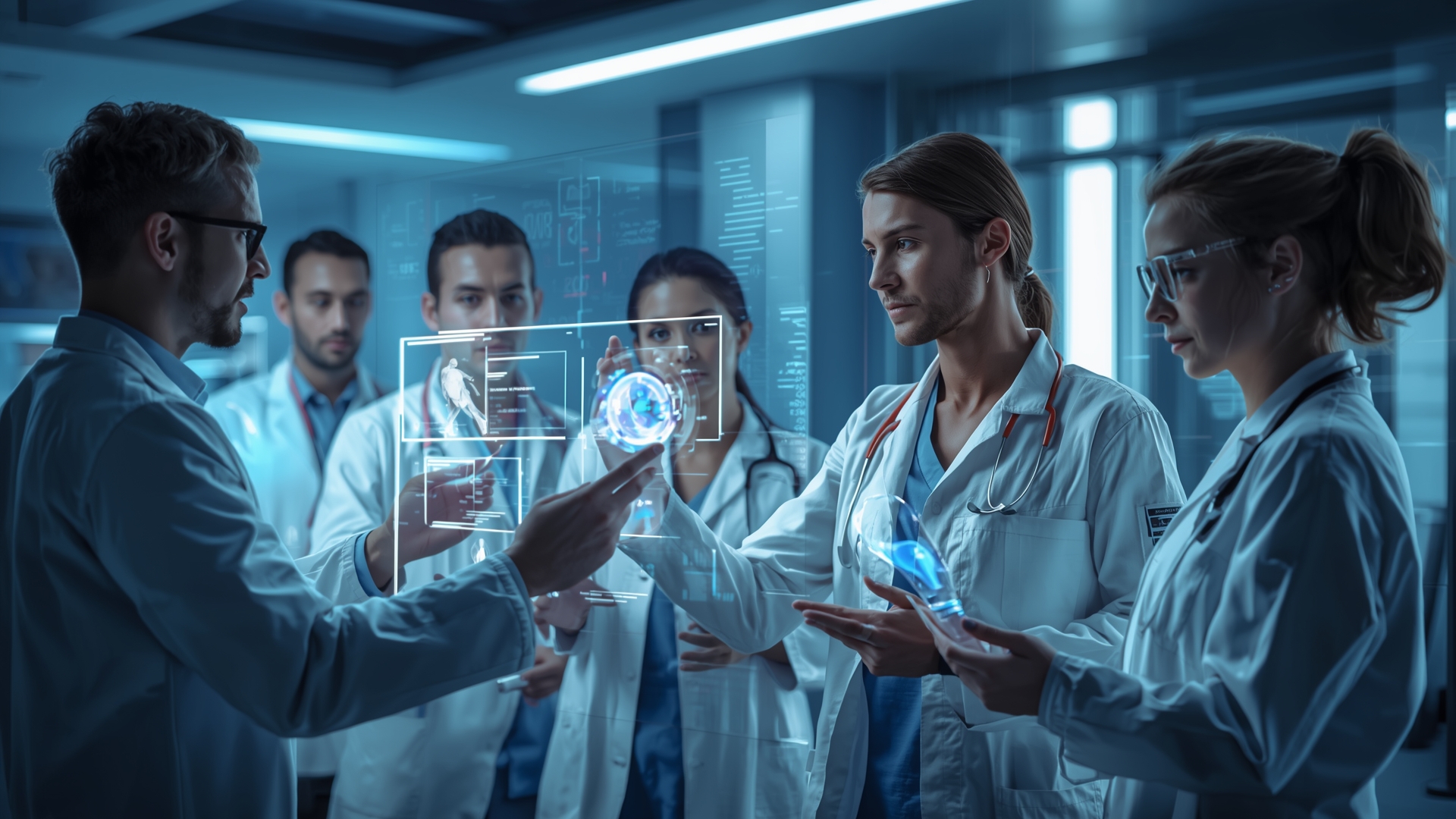 AI in healthcare professionals collaborating with advanced diagnostic tools.