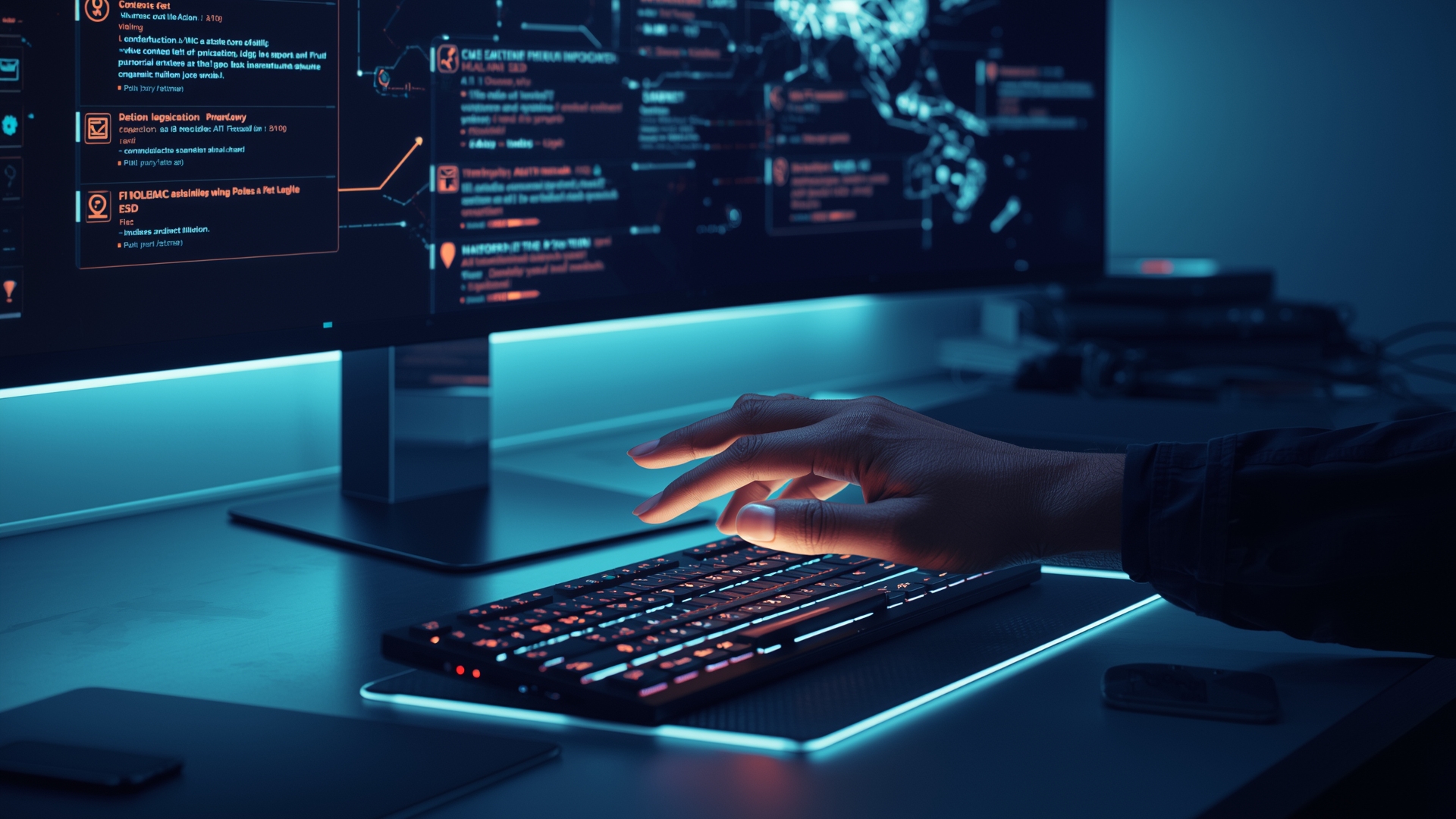 A futuristic workspace demonstrating the use of AI Content Creation Tools for various media.