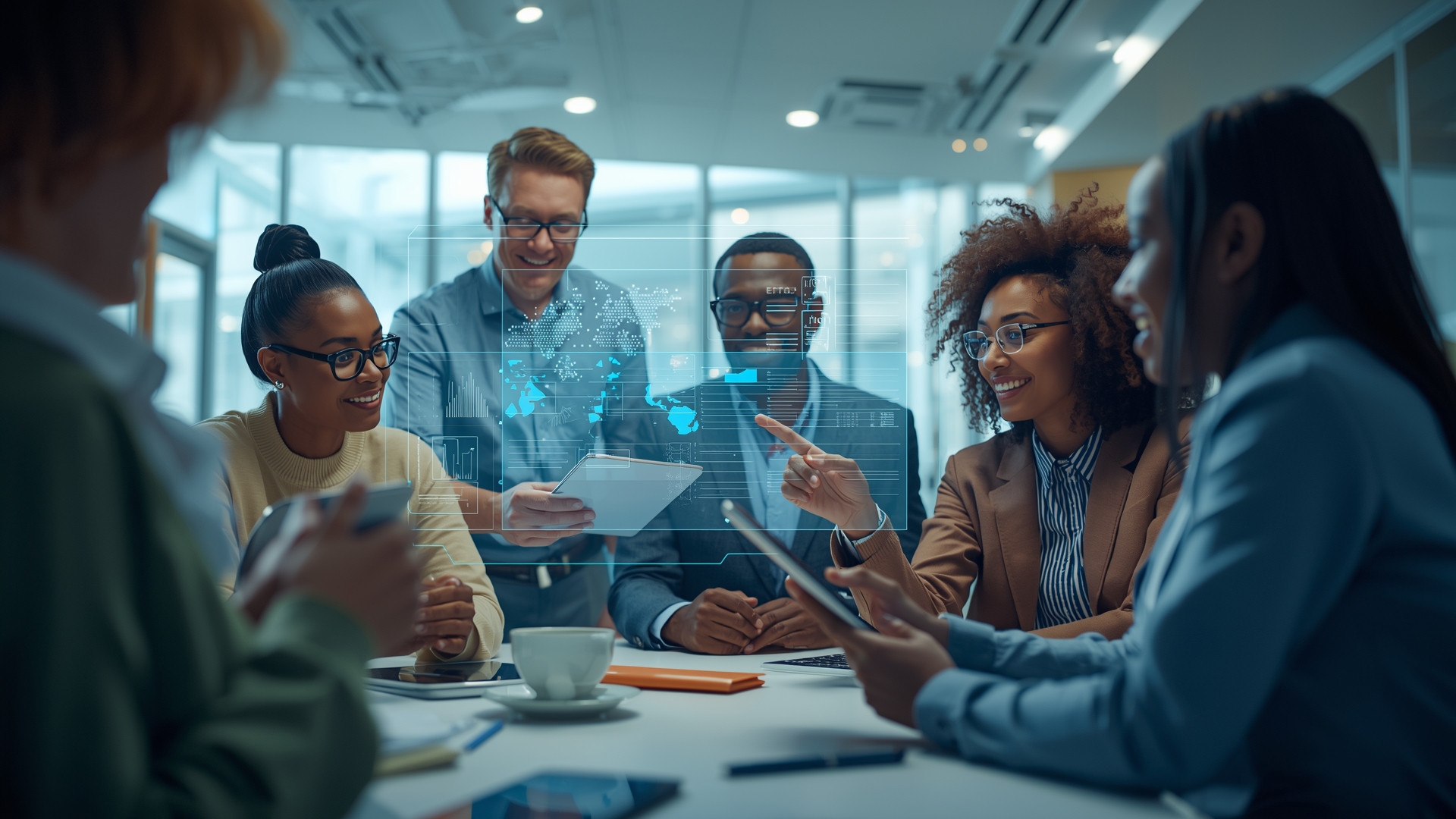Professionals using AI productivity tools to enhance collaboration and streamline tasks in a modern office.