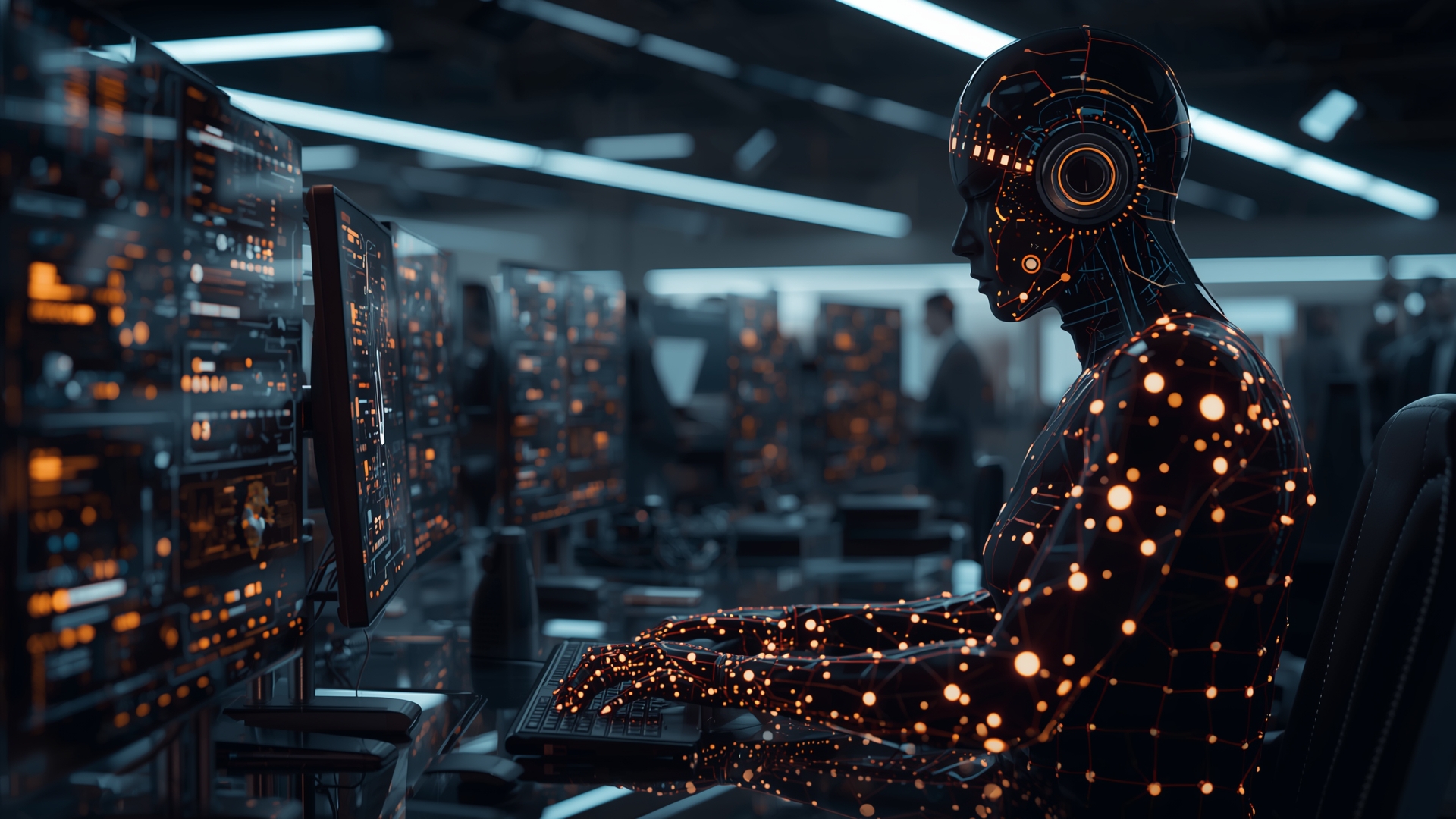 An illustration of autonomous AI agents performing complex tasks in a digital environment.