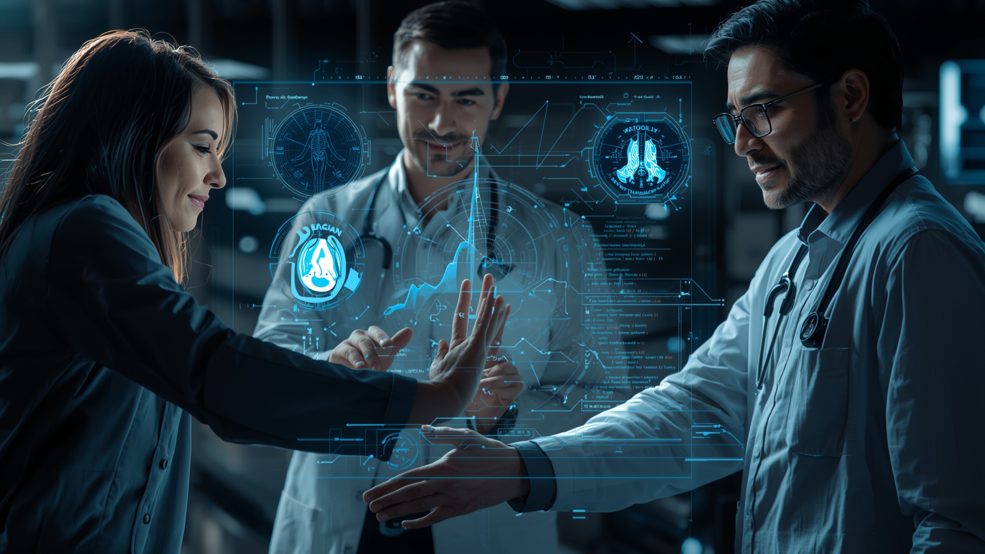 Professionals collaborating around holographic displays, showcasing diverse Generative AI applications in design, medicine, and coding.