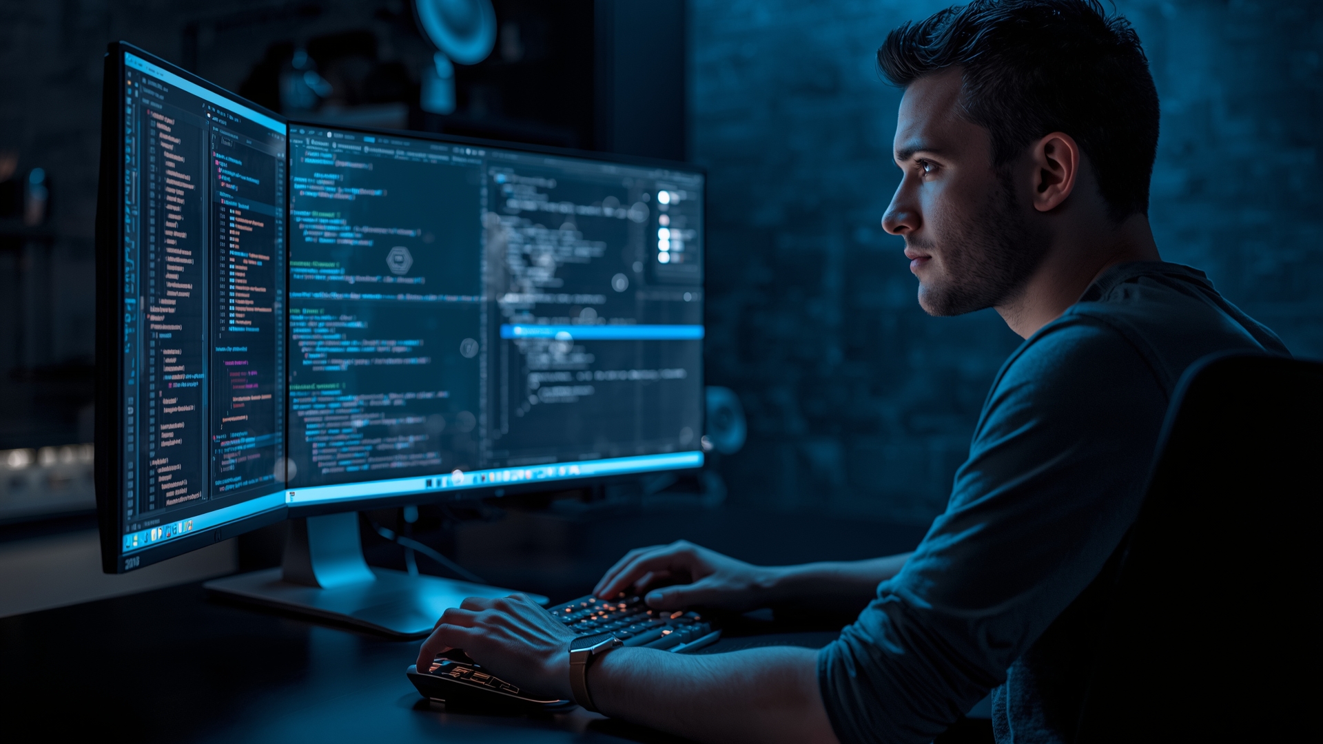 A software developer expertly utilizing AI-assisted coding tools to enhance their coding workflow on a modern setup.