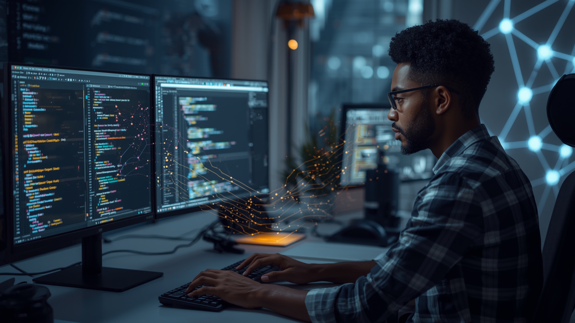 A developer interacting with an AI Code Generation tool on multiple screens.