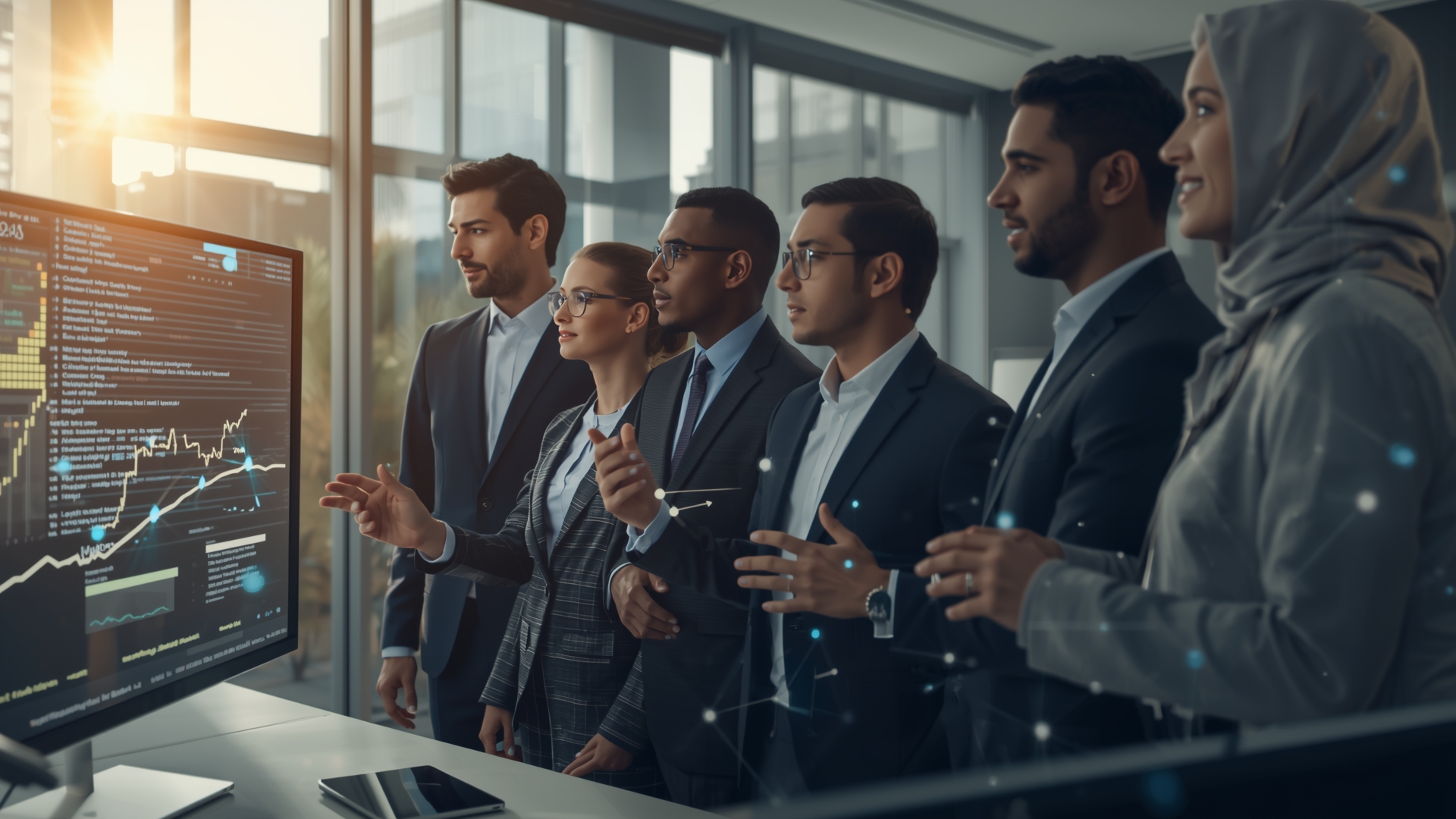 A diverse business team successfully navigating Generative AI enterprise adoption, showcasing collaboration and innovation.