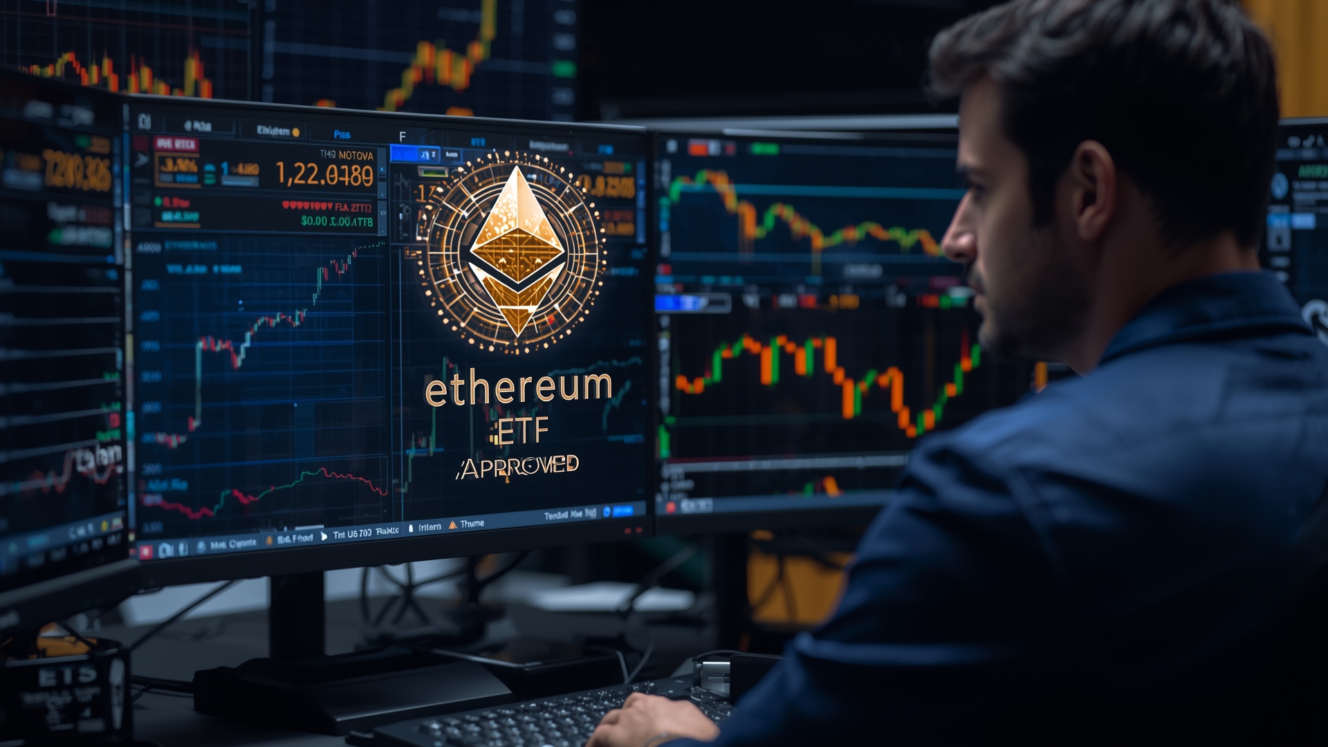 Financial professionals monitoring a Spot Ethereum ETF on trading screens.
