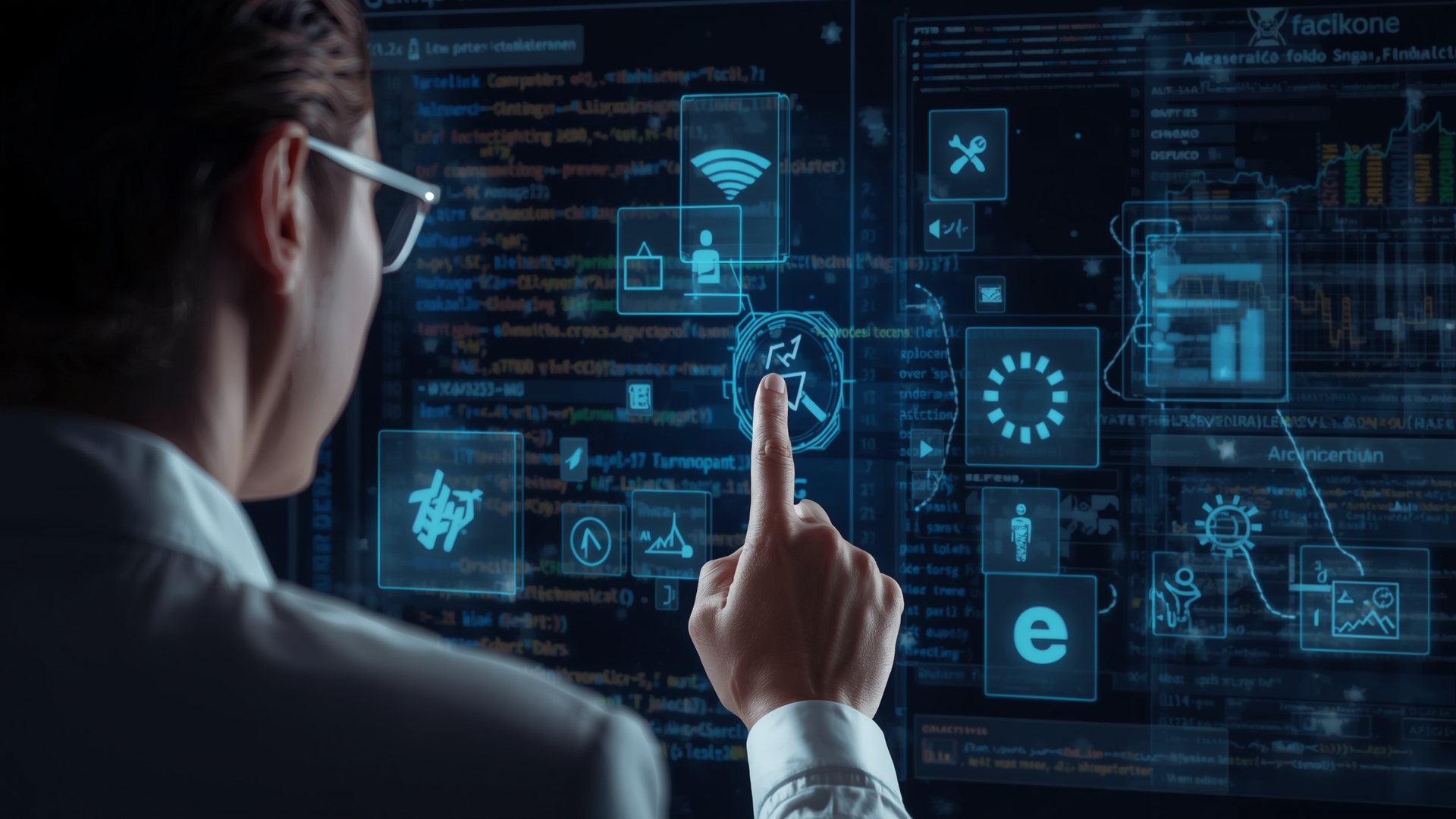 An executive creating an application using Low-Code No-Code Platforms on a holographic interface.