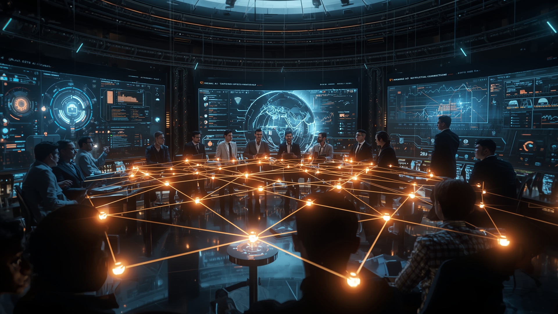 Researchers overseeing Autonomous AI Agents in a futuristic control room.