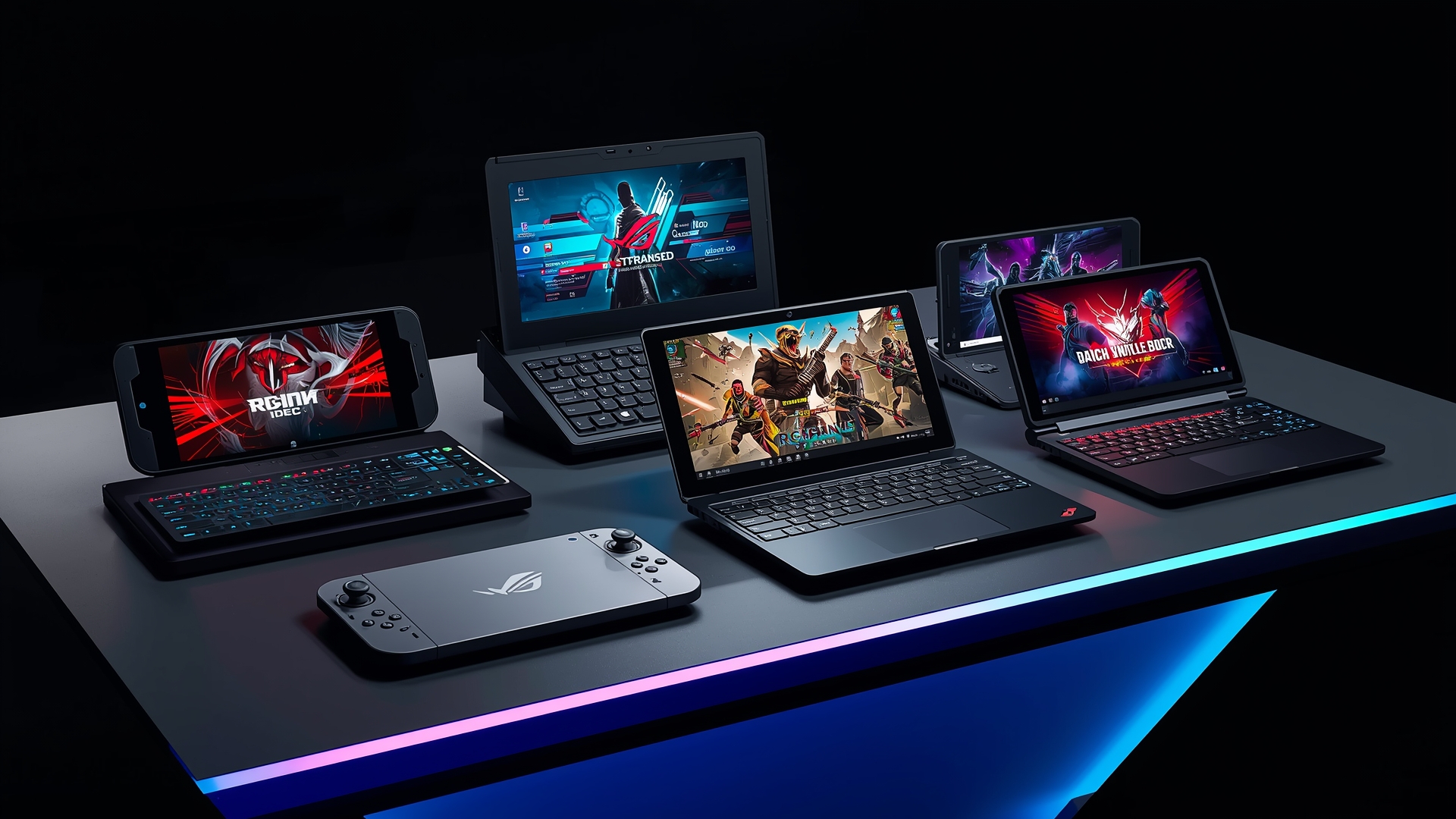 An impressive lineup of various Handheld Gaming PCs, showcasing their sleek designs and vibrant displays, symbolizing the new era of portable gaming power.