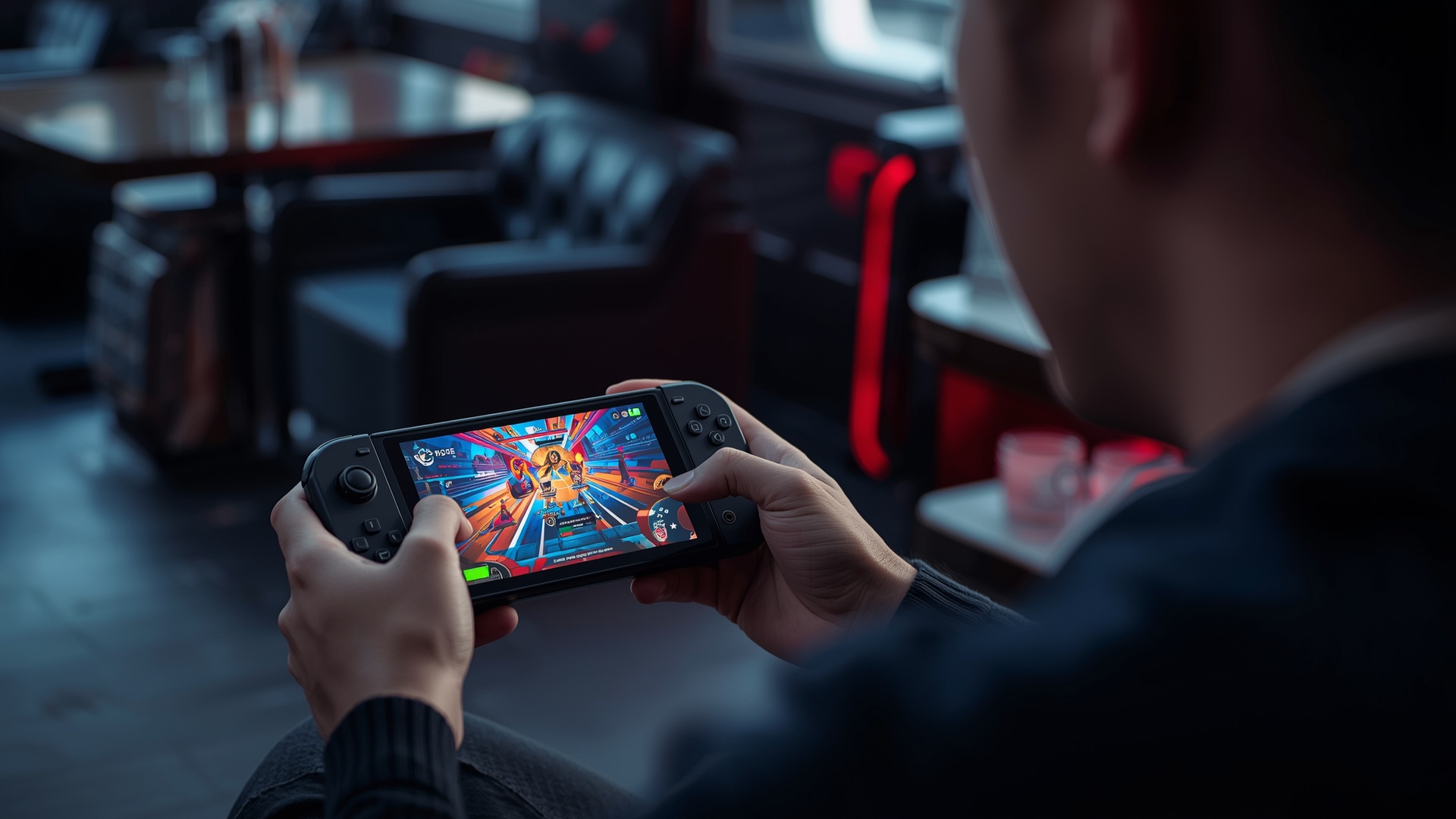 A gamer immersed in a game on a Handheld Gaming PC in a stylish cafe.