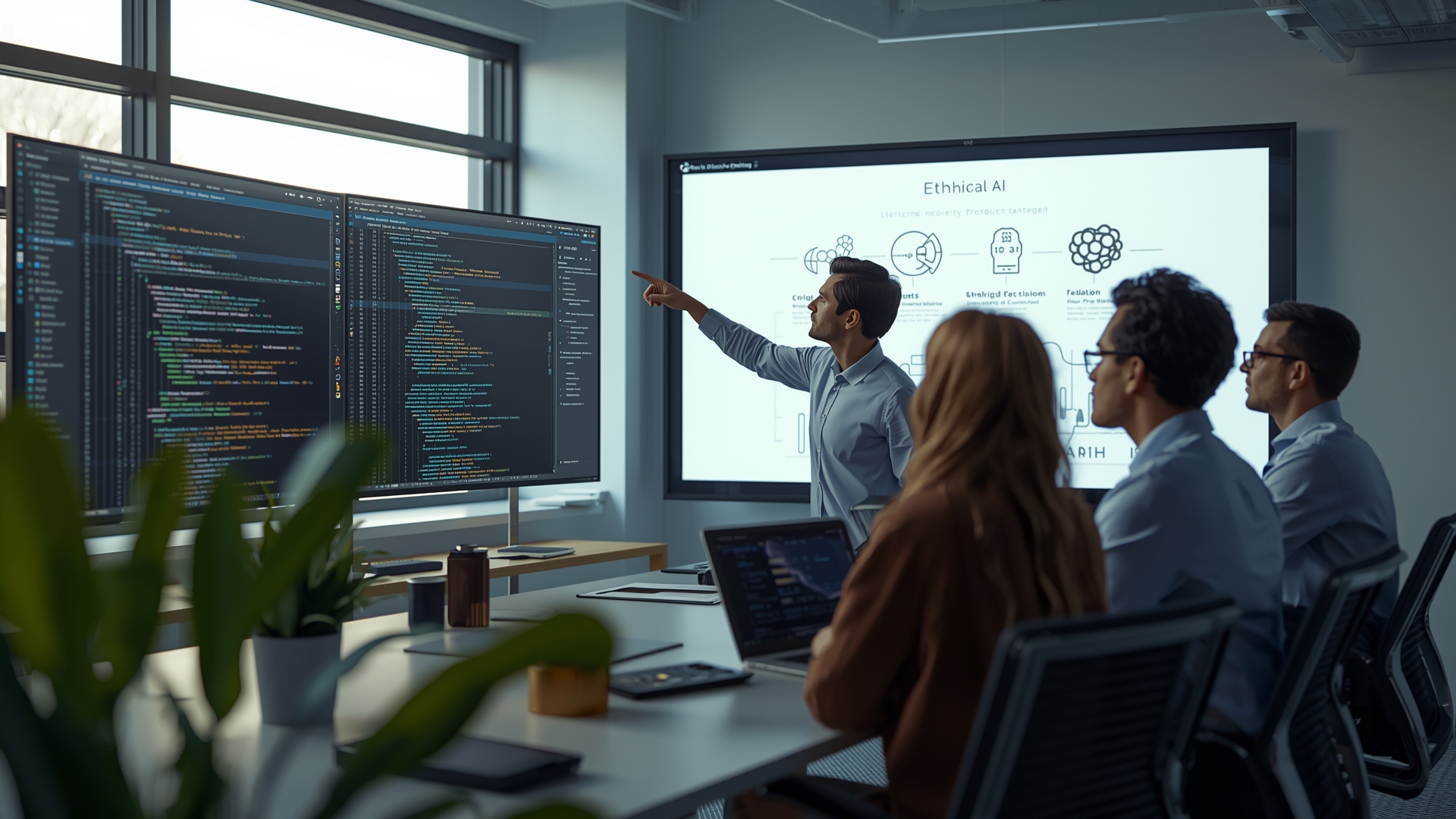 A diverse team collaborates on Responsible AI Development principles and practices.