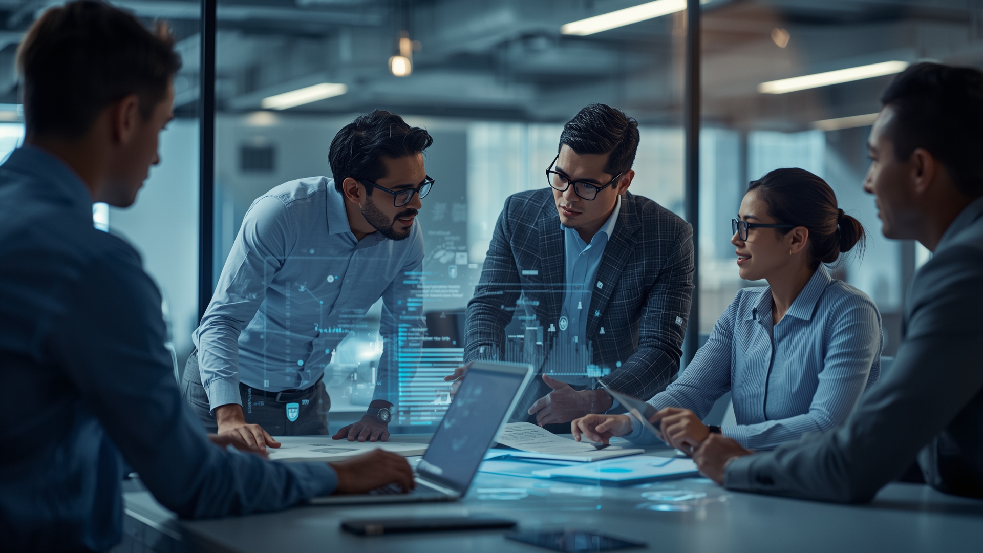 Professionals collaborating efficiently with AI Copilot tools in a modern office.
