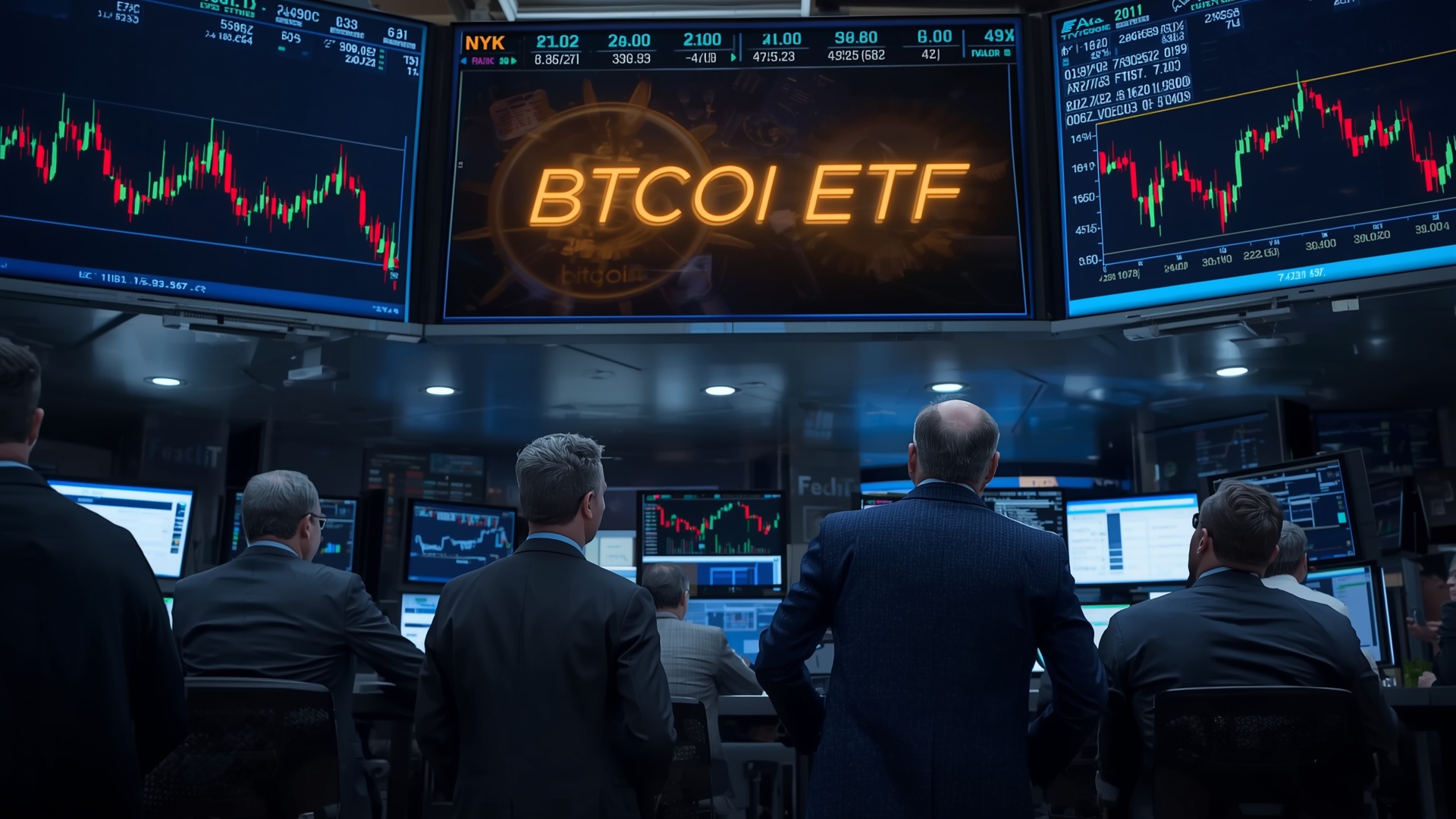 Traders monitoring the performance of Spot Bitcoin ETFs on a financial market floor.