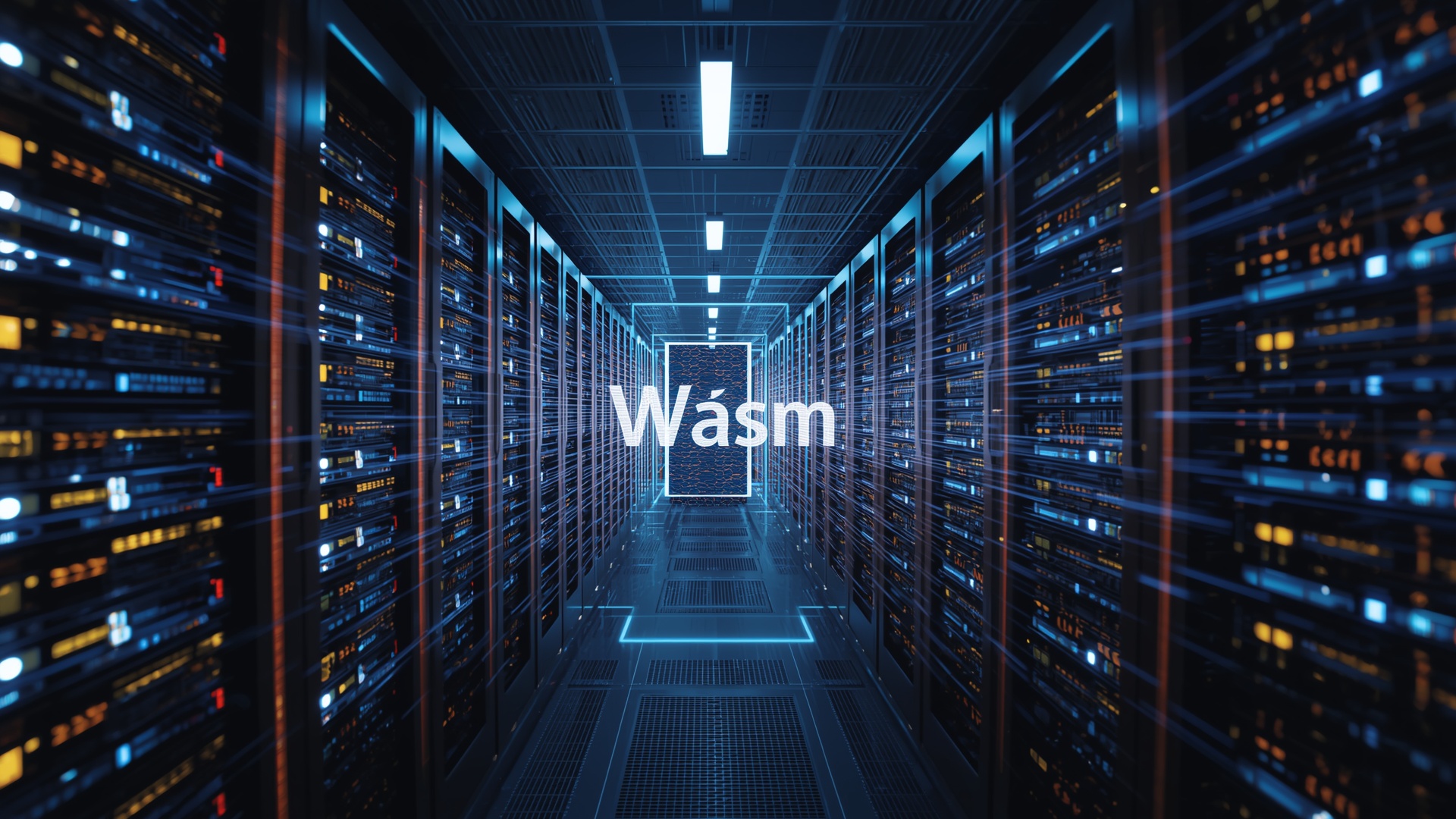 WebAssembly server-side architecture in a modern data center, showcasing efficiency.